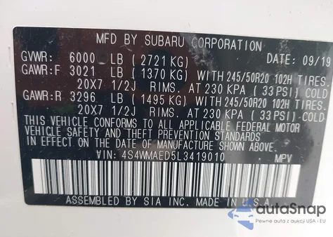 2020 Subaru Ascent Premium z USA, uszkodzony, nr VIN 4S4WMAED5L3419010